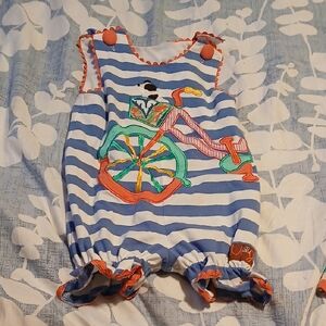 Blue Striped Kids Bodysuit with Bicycle Design
